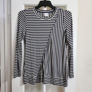 Cabi Ernest Striped Tunic Top Size M Navy & Beige Long Sleeve Asymmetrical